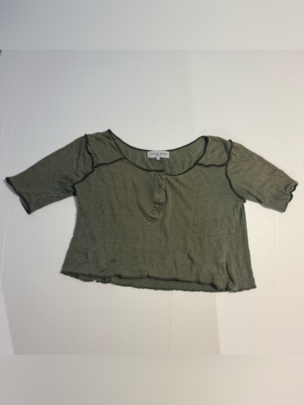 APiece Apart Olive Green Linen Henley Top Small Raw Edge Lightweight Boho Tee